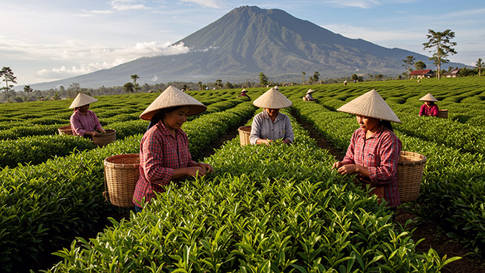 Petani teh tengah memetik atau memanen teh di ladang. Foto: Google AI Studio