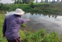 Warga menunjuk lokasi penemuan mayat yang jasadnya masih ada di dalam sungai. Foto: istimewa milik warga 