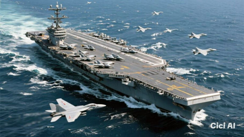 Penampakan kapal induk Amerika Serikat di tengah laut.  Foto: Meta AI
